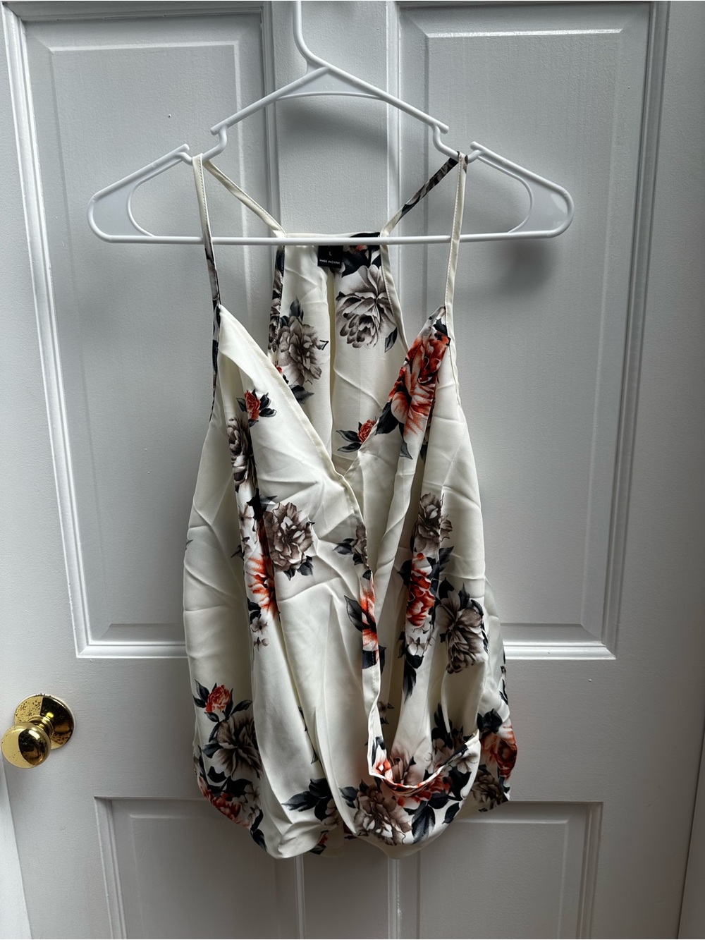 SHEIN Ivory Floral Satin Wrap Cami with Rose Accents